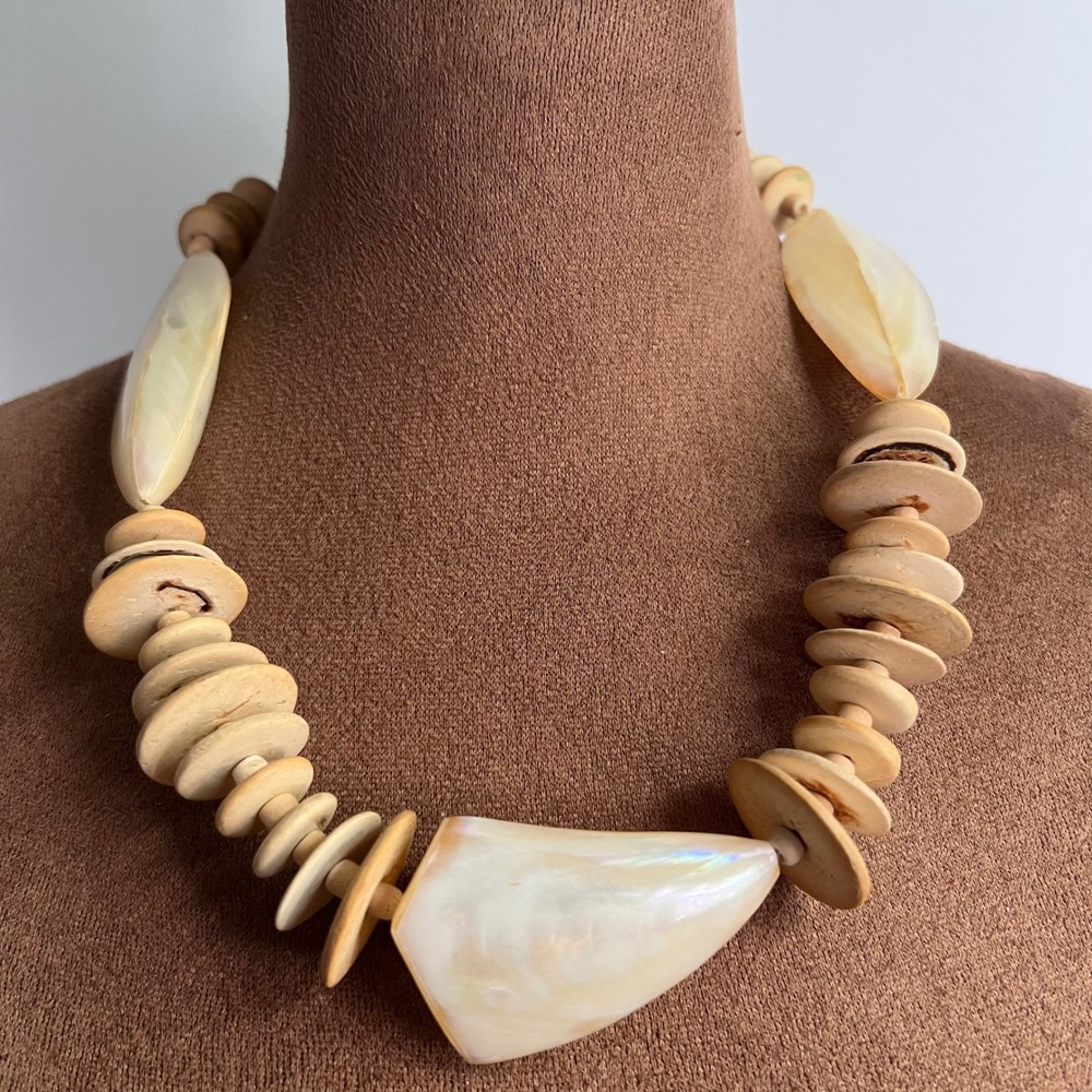 Vintage Shell and Wood Bead Statement Necklace 18 Inch Coastal Aesthetic